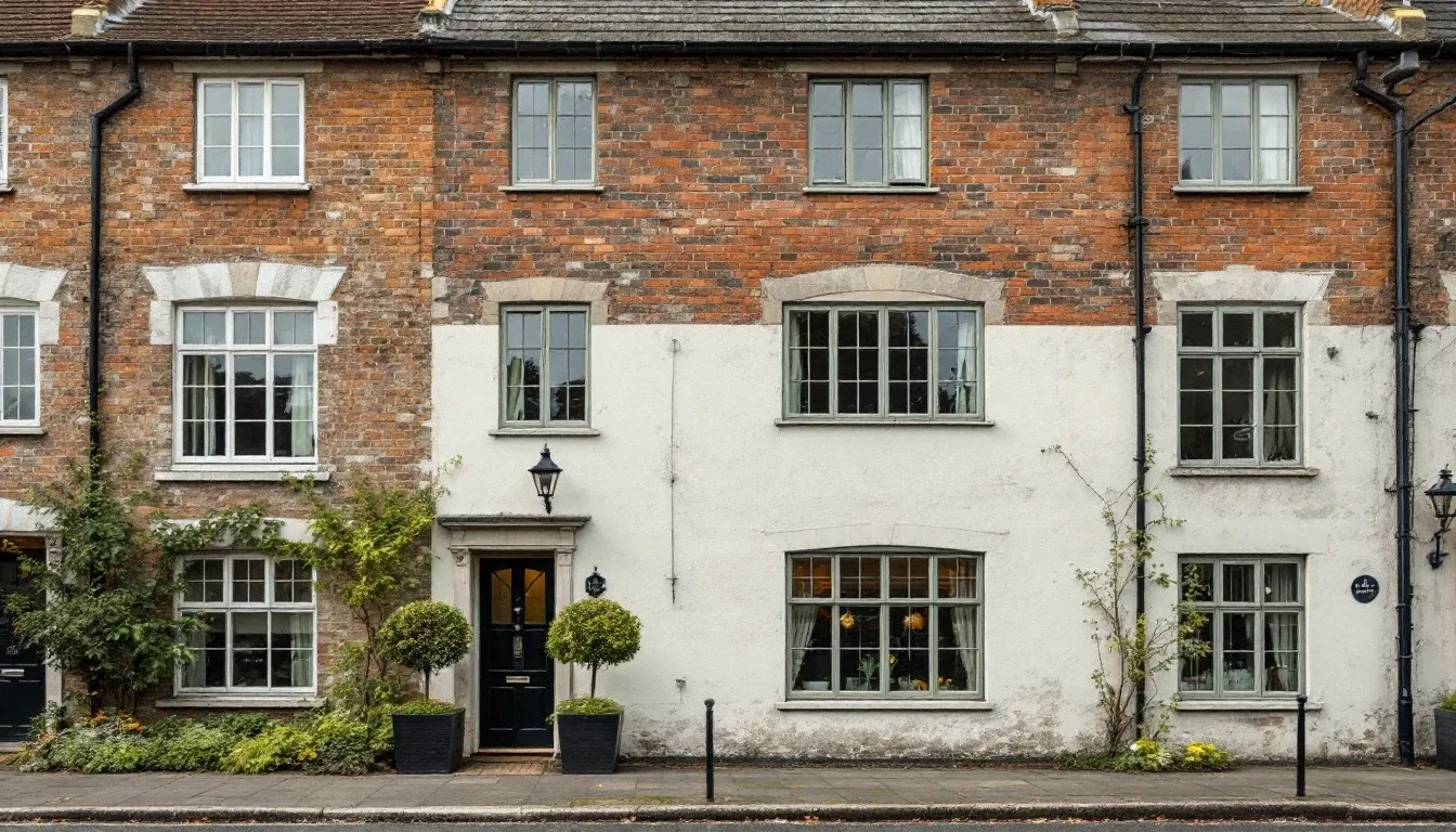 Traditional English brick terrace with a lime-rendered section, sash windows and lime-pointed masonry